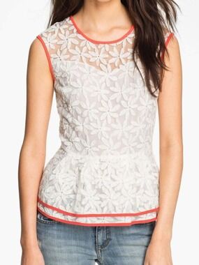 Pure Sugar White Mesh Floral Embroidery Sleeveless Peplum Blouse Top Women's S